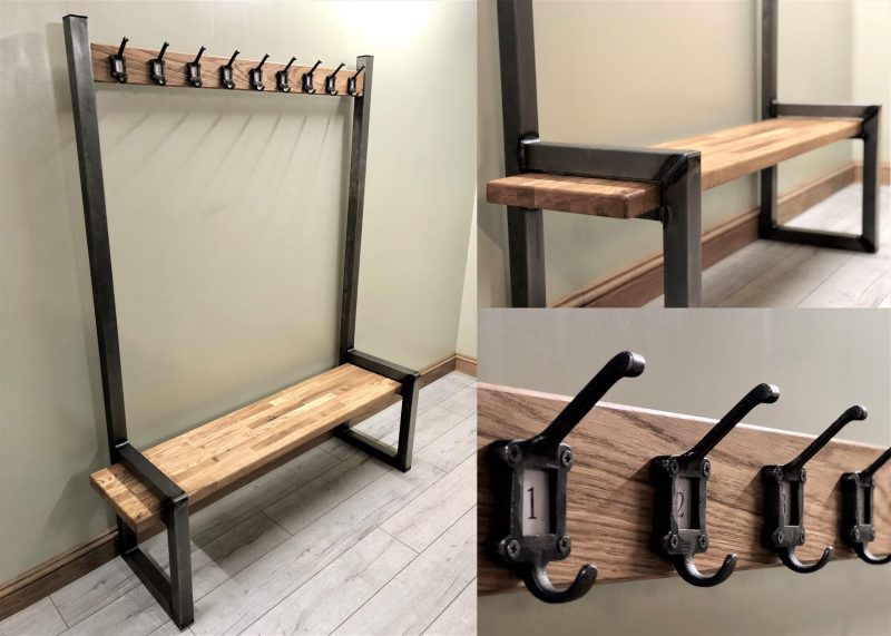 Industrial hallway steel and oak bench with coat rail
