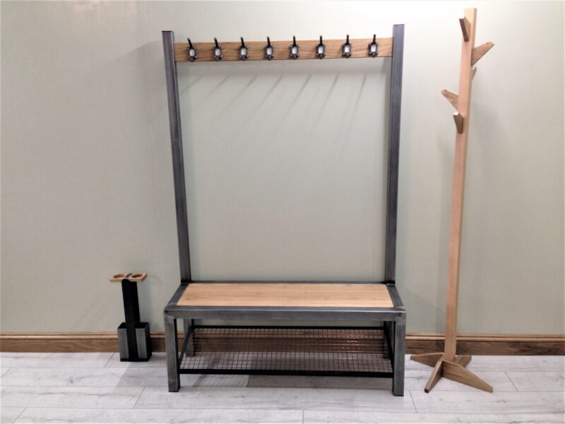 Industrial hallway steel and oak bench with shoe storage and coat rail