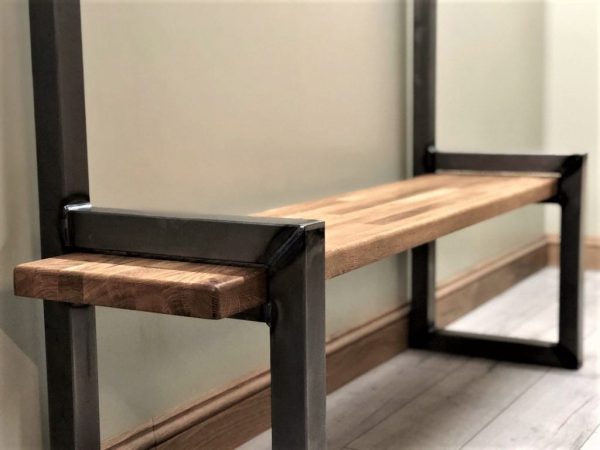 Industrial hallway steel and oak bench with coat rail