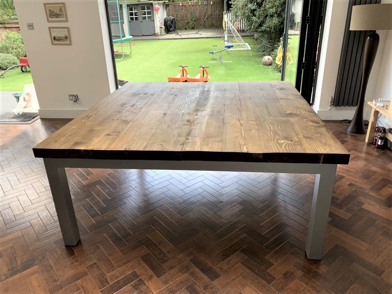 Reclaimed Wood Office Desk With Black Trapezium Legs, CUSTOMISABLE 