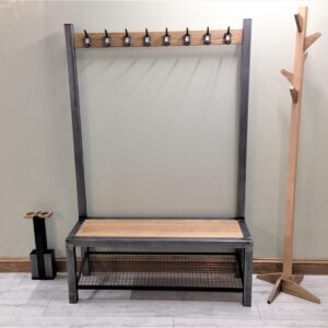 Industrial Hallway Steel & Oak Bench, Shoe Storage & Coat Rail - Image 2